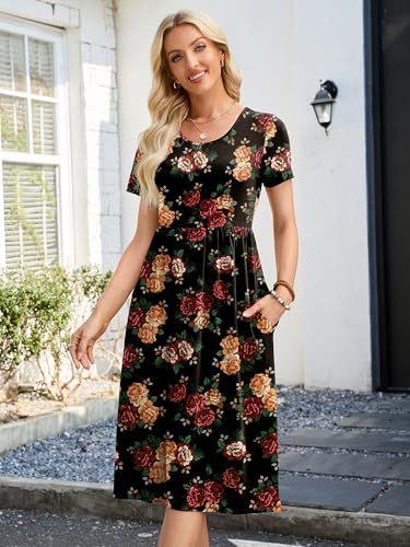 Image of Heymoments Women's Casual Short Sleeve Midi Dress Crewneck A Line Tiered Flowy Loose Travel Long Dresses with Pockets