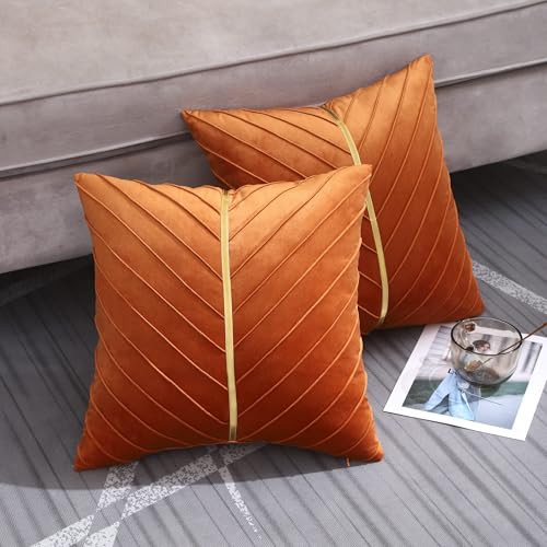Image of Velvet Throw Pillow Covers 16x16 Pack of 2 Gold Decor Burnt Orange