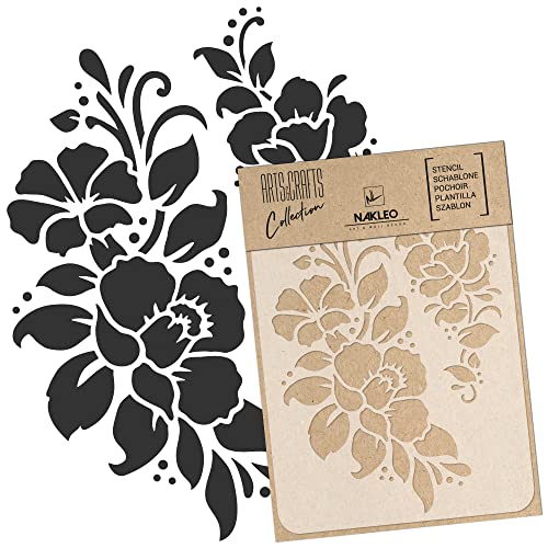 NAKLEO Painting Stencil for Crafts A3 11.8” x 16.5”, Flowers Frame Floral Pattern, Reusable Plastic DIY & Scrapbooking Drawing Template, Decoupage Art Home Decor, Wall Wood Fabric Furniture