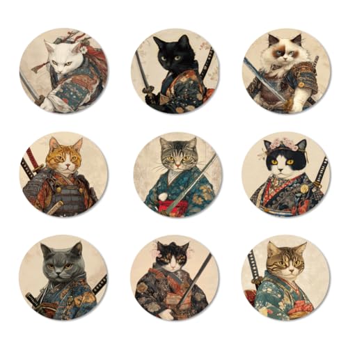 ANATTASOUL 9Pcs Gato Samurái Posavasos Madera, Posavasos De Madera, Reutilizables, Redondos, Drink Coasters, Taza para Café, Bar, Cocina, Restaurante