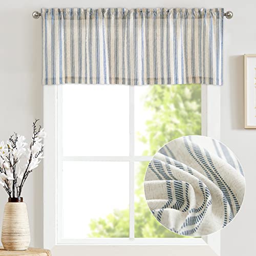Jinchan Striped Valance Window Treatment Linen Valance For Windows Small Window Valance Farmhouse Valance Curtain Light Filtering Valance Flax Valance 16 Inch Length Rod Pocket 1 Panel Blue On Beige #TOP1