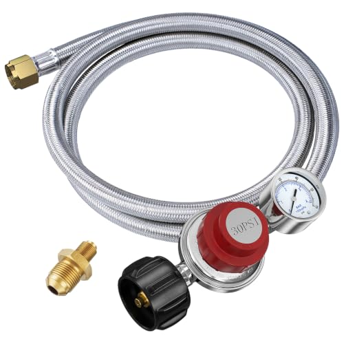0-30PSI Adjustable Propane Regulator with Stainless Steel Braided Hose, 5FT