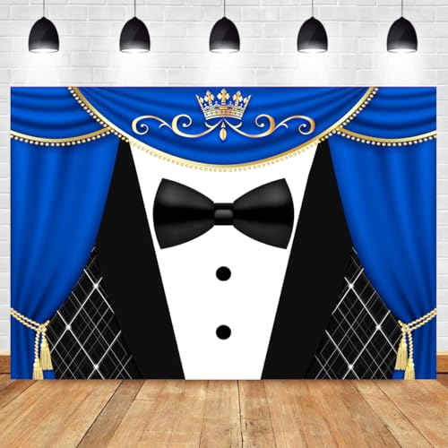 CapiSco Tuxedo Backdrop 7x5FT Blue Curtain Crown Gentleman Birthday Party Background for Photography, Father or Boss Birthday Party Decorations Banner by CapiSco - Used condition - Image 2