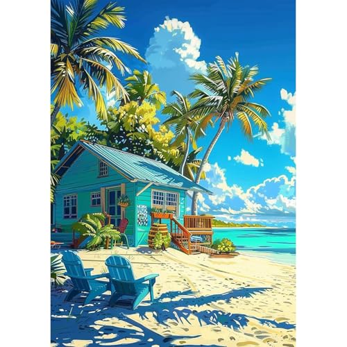 plversi 5D Blue Beachfront Villa Diamond Painting Set, Palm Trees Diamond Painting for Adults, DIY Rocking Chairs Cross Stitch Art Kits for Beginner Home Decoration