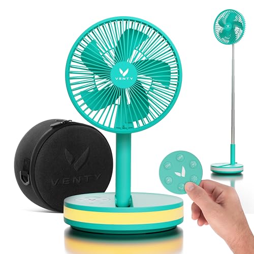 VENTY Original Portable Fan - Wireless Battery Operated Fan With 4 Speeds, LED Lighting, Carry Case & Remote Control - Premium Travel Rechargeable Fan & Power Bank With USB & USB-C Ports