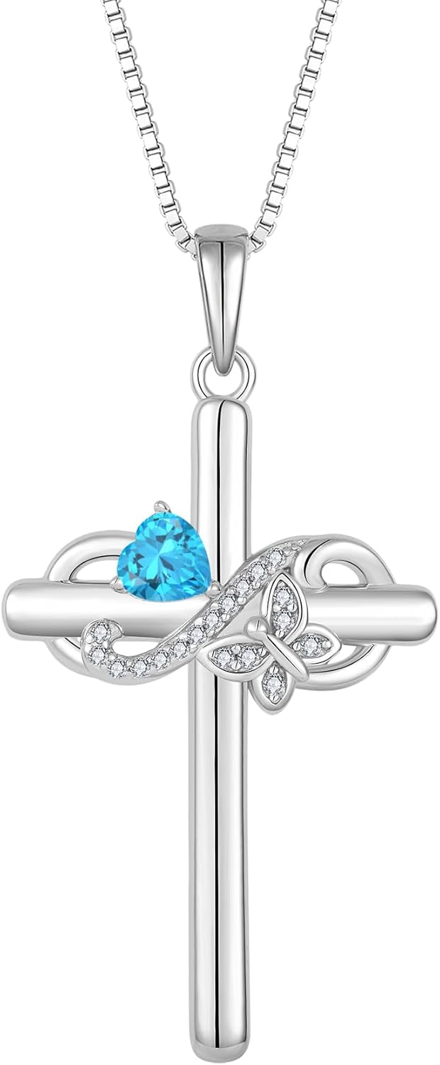 Infinity Butterfly Cross Necklace for Women 925 Sterling Silver Christian Religious Crucifix Pendant Birthstone Jewelry Gifts for Her