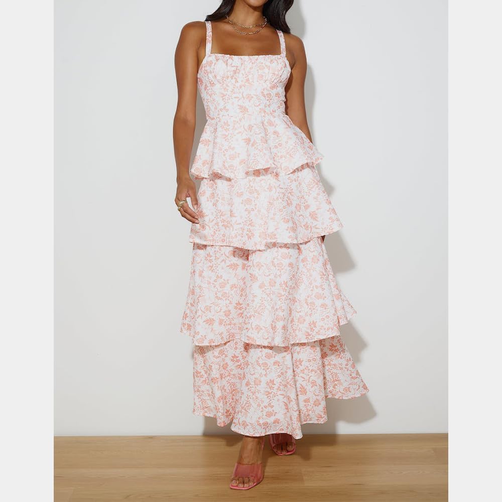 Women Floral Maxi Dress Sleeveless Bow Back Tiered Boho Flowy Long Dresses Summer Fall - Image 4