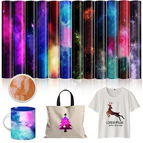 DoreenBow 12 Sheets Infusible Transfer Ink Sheets Star Ink Transfer Paper Galaxy Sublimation Printable Infusable Heat Transfer Vinyl for Mug Press T-Shirts Bags 12 x 10 Inch