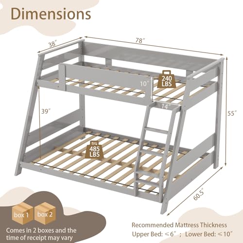 KOMFOTT Twin Over Full Convertible Bunk Bed with Reversible Ladder, Solid Wood Frame, Slats Support & Guardrails, No Box Spring Needed (Grey) - Thumbnail 2