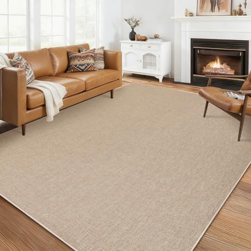 LUXLOOM 8x10 Washable Living Room Rug Modern Solid Neutral Area Rug, Minimalist Non Slip Stain Resistant Rugs for Living Room Bedroom Nursery Office, Large Woven Texture Indoor Carpet, Tan