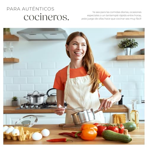 tectake® Juego de 4 Ollas con Tapa, 9 Piezas en Acero Inoxidable, Apto para Inducción, Escala de Medición, Asas Resistentes al Calor, Tapa de Cristal con Salida de Vapor, Ideal Cocinas y Camping - - imagen 7