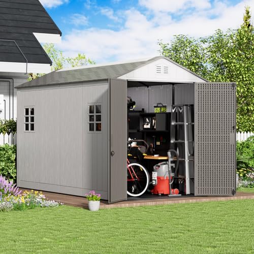Image of KINYING 6x11 FT Outdoor Storage Shed with Floor,Resin Outdoor Garden Tool Shed with Windows,Lockable Weather Resistant Large Plastic Shed for Bike Storage,Lawn Mower,Pool Supplies