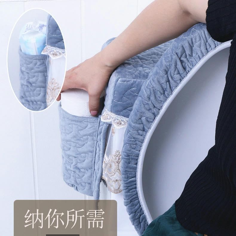 Toilet seat Covers Lace Embroidery Toilet Lid Covers, 3pcs/Set Chenille Blue Lid & Tank Covers with 2 Pockets Toilet Seat Cover Pads Toilet Seat Cushion Pads Toilet Seat Warm Pad(Storage Gray)