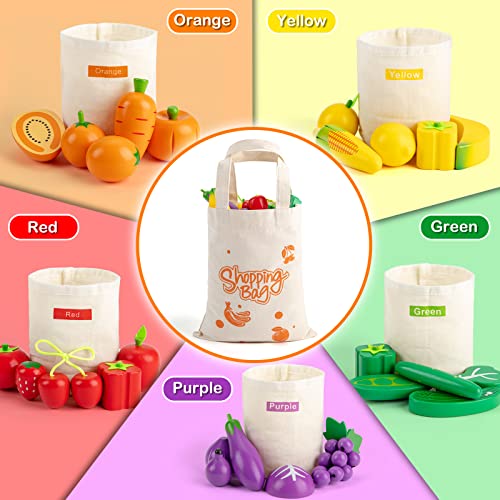 Sundaymot Wooden Play Food Toys, Shopping Play Toys With Canvas Tote And Sorting Bags, Pretend Toddler Toys Farmers Market Color Sorting Set With Wooden Fruits And Veggies, Play Kitchen Accessories #TOP6