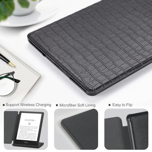 Image of CoBak Case for All New 6 Inch E-Reader 2024 and 2022 (11 Generation) - PU Leather Smart Cover, Auto Sleep and Wake, not Compatible with Kobo Clara.Crocodile Black