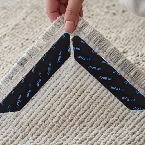 12PCS Non-Slip Rug Grippers for Carpet Corners – Anti-Skid Rug Pads for Hardwood Floors, Reusable Carpet Anchors with Strong Adhesive, Easy to Install, Set of 12