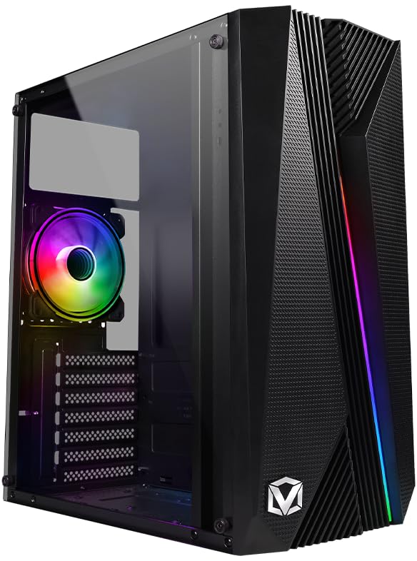 Vibox VTX-1 Boîtier de jeu PC ATX, panneau latéral en verre trempé, ventilateur RVB de 120 mm, noir