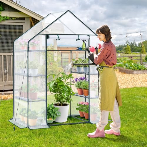 Image of Ohuhu Small Greenhouse for Outdoors: 4 Tiers 6 Shelves Walk-in Indoor Green House Heavy Duty Plant Stands Reinforced Plastic PE Cover Mini Portable Warm House for Outside, 4.8x2.5x6.4 FT White