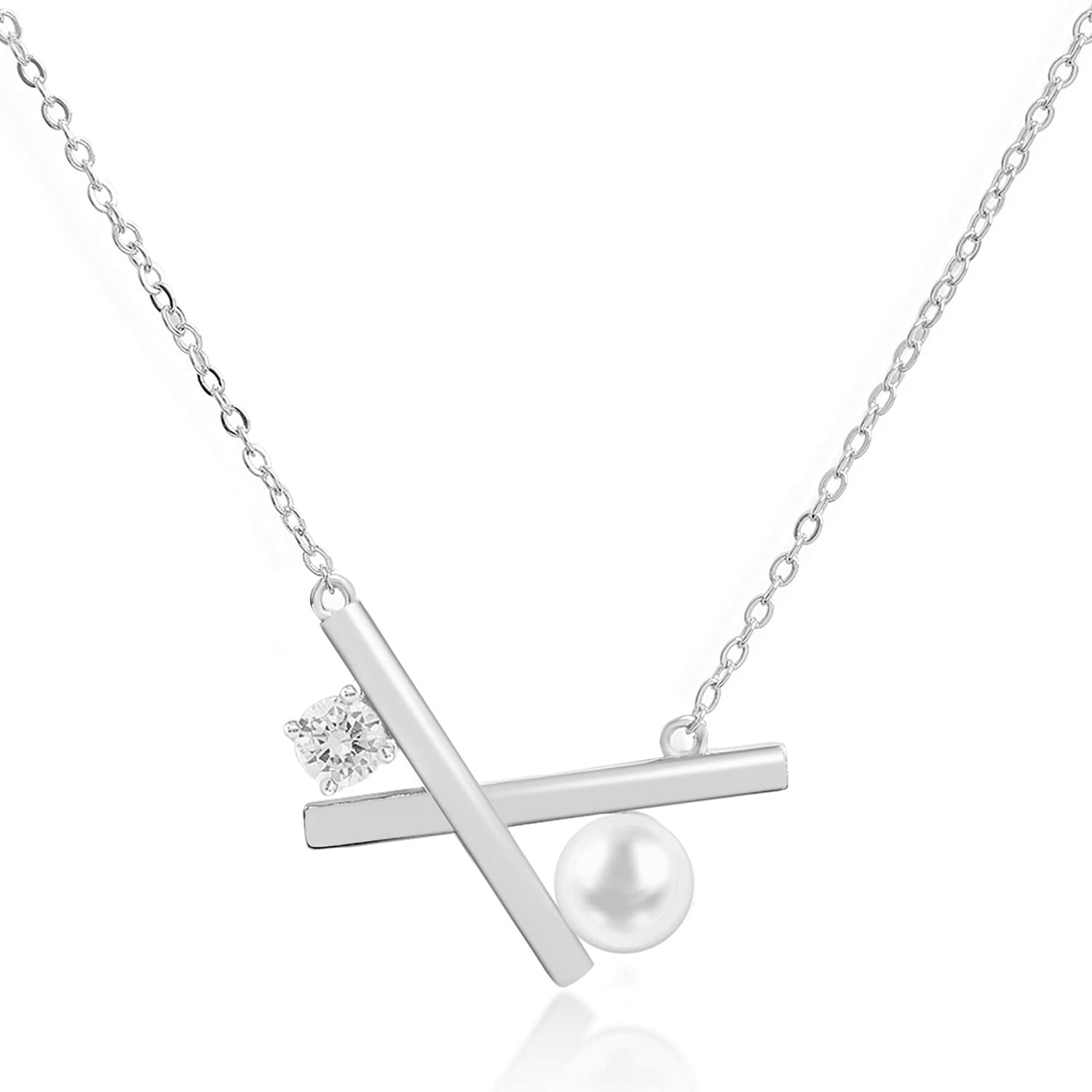 MINUTIAE Silver Plated X Pearl Pendant Necklace With Round Shape Solitaire Austrian Cubic Zirconia Diamond For Women And Girls With Extendable Chain Fashion Jewelry (B0981BNKLW) Amazon Price History, Amazon Price Tracker