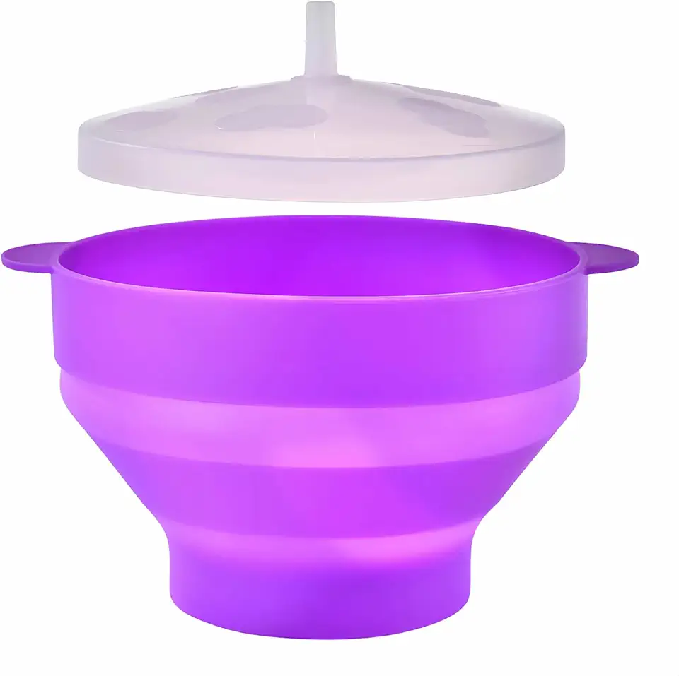 Tigela dobrável de silicone para fazer pipocas com tampa – Seguro para forno e micro-ondas para petiscos saudáveis, fácil de limpar - roxo