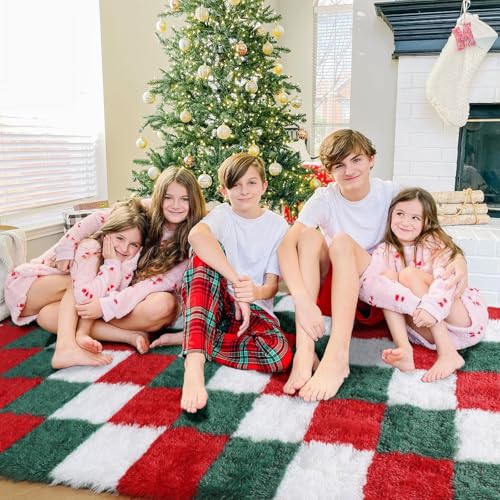 Image of KICMOR Christmas 8x10 Area Rugs Living Room Carpet, Large Fluffy Red Green White Checkered Shag Rug for Bedroom, Big Fuzzy Soft Plush Shaggy Carpets for Kids Boys Girls Room Nursery Holiday Decor