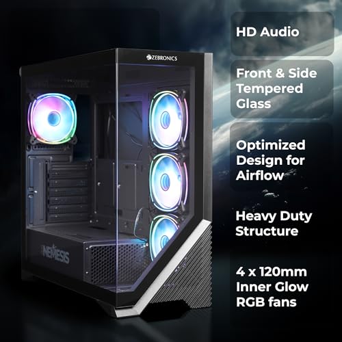 Image of ZEBRONICS Nemesis Premium Gaming Cabinet /Case, Mid-Tower, Supports ATX | mATX, 4X Center Infinity ARGB Fans, AIO Upto 360mm, LED Control Switch, Front + Side Tempered Glass, USB 3.0 (Black)