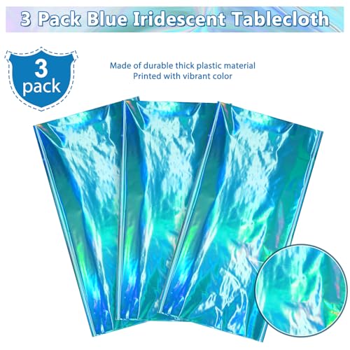 Image of 3 Pack Blue Plastic Tablecloth, Disposable Rectangle Table Covers, Holographic Metallic Foil Tablecloth Light Blue Party Supplies Decorations for Birthday Graduation Ocean Under the Sea, 54x108Inch