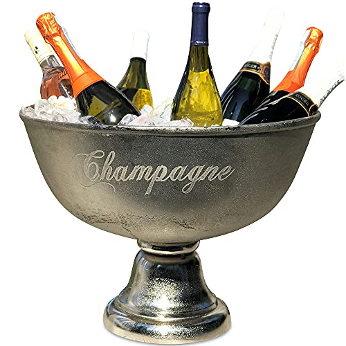 WHW Whole House Worlds Luxury Champagne Bucket with Old World Panache, Elegant Script Text Details, Hand Cast of Silver Aluminum, Pedestal Base, Party Sized, 18.5 Inches Diameter, 13.5 Inches Tall