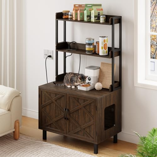 Image of ONBRILL 55 Inches Cat Litter Box Enclosure with 2 Storage Shelves, Brown
