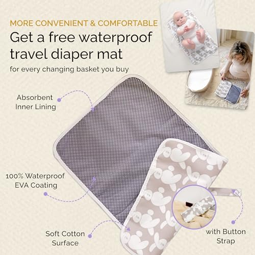 Yunioo XL Reinforced Baby Changing Basket with Extra Travel Diaper pad, Foldable Baby Changing Pad with Water Repellent Cover, Cotton Rope Baby Basket, Changing Table Topper for Dresser (Cream)
