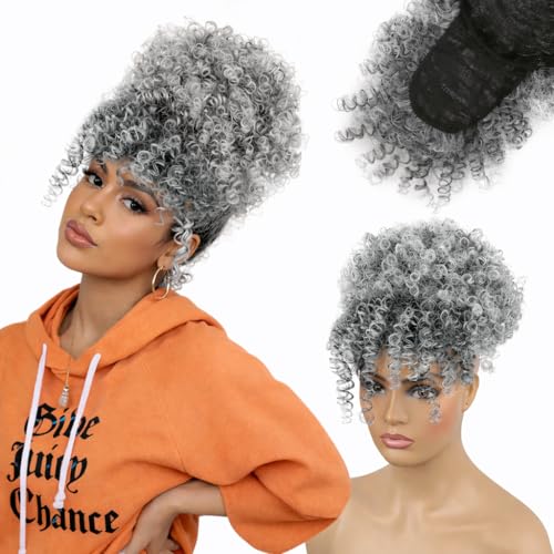 ENTRANCED STYLES Drawstring Ponytail with Bangs Afro Puff Curly T-Gray