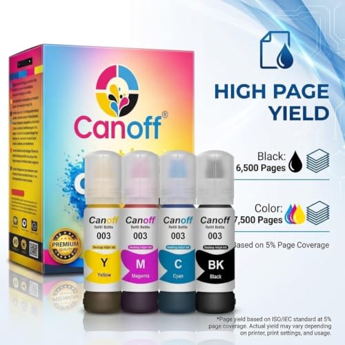 Image of CANOFF 003 Refill Ink Bottle Compatible for Epsan L3110, L3150, L3250, L3252, L3115, L3116 Ink Tank Printers - High Yield, Vibrant Colors, Long-Lasting, Easy to Refill for Smooth Printing 5pc (CMYKK)