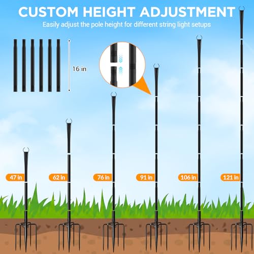 10FT String Light Poles, Heavy Duty Outdoor Light Pole Stand, 5-Prong Reinforced Steel Base, Anti-Rust, for Patio Garden Deck, Support Bistro & Edison Bulb Lights (2 Pack) - image 5