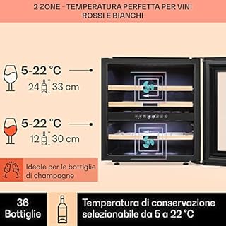 KLARSTEIN Cantinetta Vino Design, Cantinetta Vino Refrigerata a Zona Doppia per Vino Rosso, Bianco e Birra, Controlli Touch, Frigo Vino Cantinetta per Esterno/Interno, 5-22°C, 85L, 36 Bottiglie
