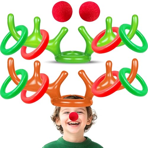 2024 Inflatable Reindeer Antler Ring Toss Game 2 Pack Christmas Party Game Headband Inflatable Toys Kids Family Christmas Holiday Party Supplies Carnival Game(8 Rings,2 Antlers,2 Red Reindeer Nose)