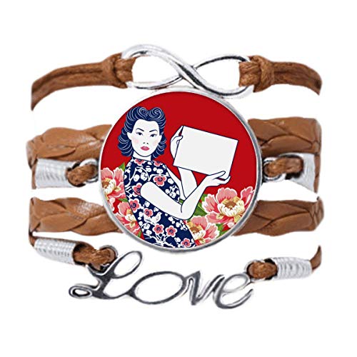 Bracelet en cuir noir et corde tordue rouge d'inspiration chinoise
