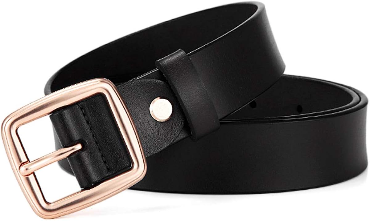 OZZEG Womens Leather Belts for Jeans Pants Black Belts for Women Hollow Flower Design Gold Buckle