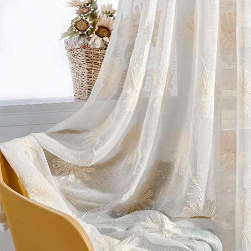 VOGOL Floral Embroidered Sheer Curtains, 52 x 84, 2 Panels, Rod Pocket