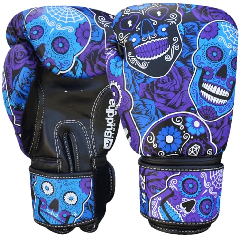 BUDDHA FIGHT WEAR - Guantes de Boxeo Fantasy Mexican Púrpura - Muay Thai - Kick Boxing - Piel Sintética Tejido Interior Resistente A Olores - Costura Reforzada (Púrpura, 12 Onz)