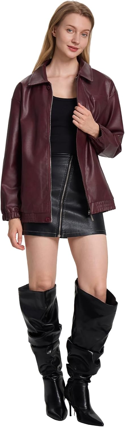 Moreone Faux Leather Jacket Women Oversize Leather Bomber Jacket Zip Up Going Out Jackets for Women - Image 6