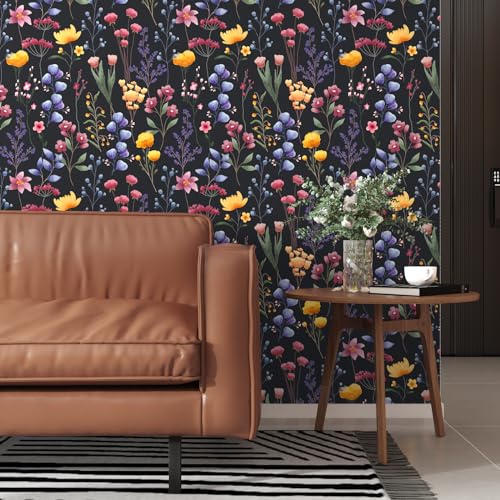 VOLEAAR Dark Floral Peel and Stick Wallpaper Vintage Flower Contact Paper Boho Removable Easy to Paste Waterproof for Kitchen Countertop Cabinet Walls Dark Grey Black Purple 44.5CM x 300CM - Image 2