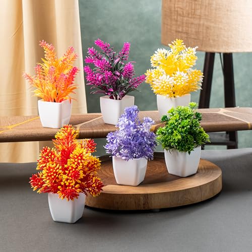 Image of JH Gallery Artificial Flower with Pot - Small Potted Faux Plants for Home Decor and Office Decor - Realistic Floral Decor, Perfect Home Decoration Items for Every Occasion. (Pack of 6)