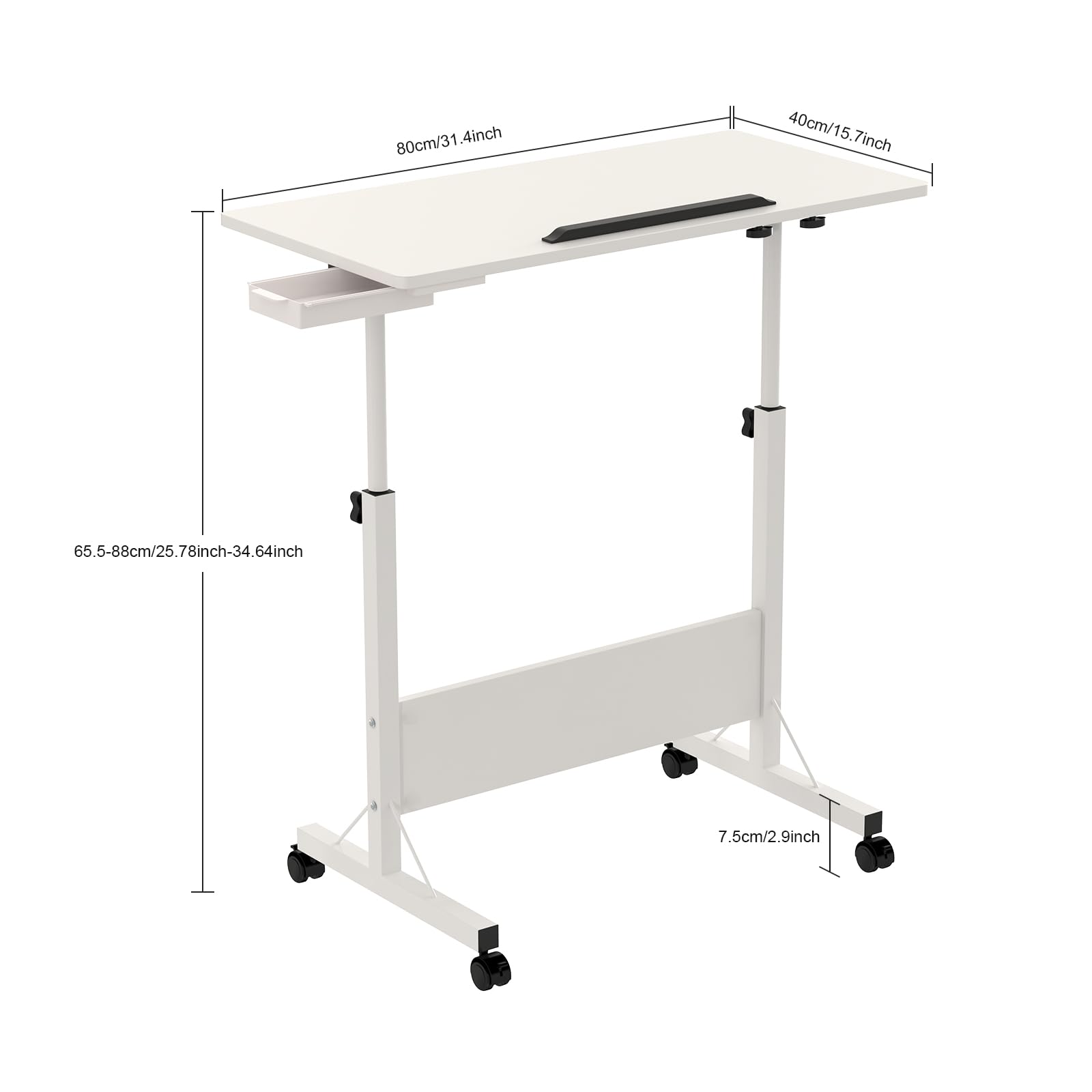 Table de Bureau Pliante Réglable en Hauteur 80x40x65-88 cm, Table de Lit pour Ordinateur Portable avec Roulette, Informatique Pliable pour Domicile, Blanc