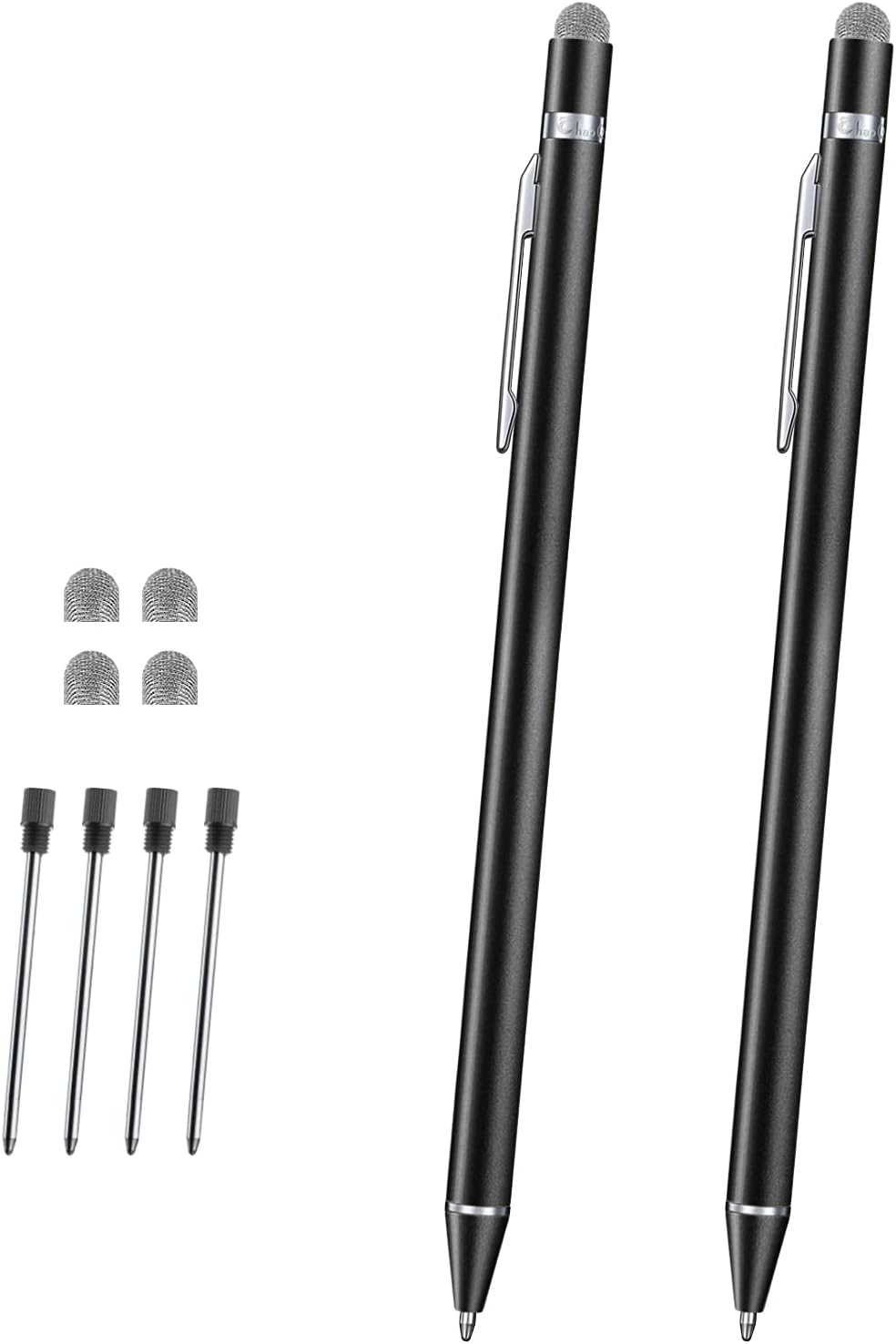 Stylus Pens for Touch Screens (2 Pcs), ChaoQ Capacitive Stylus Ballpoint Pen, 1.0mm Medium Point (Black Ink), with 4 Replaceable Fiber Tip and 4 Replaceable Refills - Black