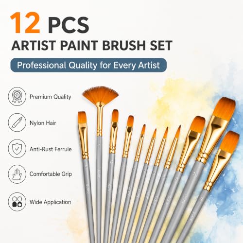 Image of GLUN Painting Brushes Set of 12, Grey Paint Brushes, Watercolor & Oil Painting Brushes, Fine Detail Round Pointed Tip Nylon Hair Artist Brushes for Canvas, Craft & DIY