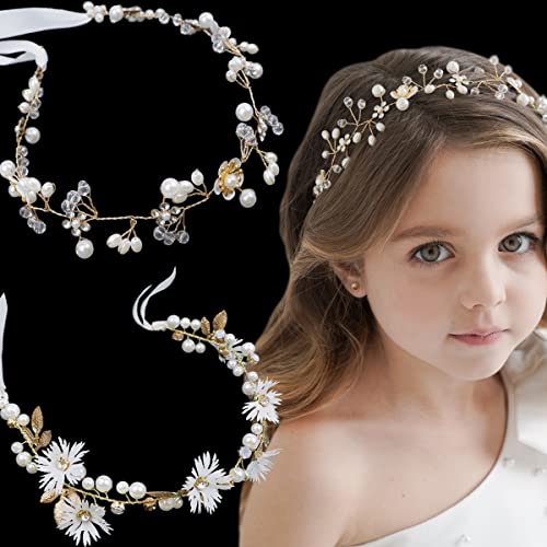 2 Pieces Bridal Hair Vines Flower Wedding Headband Princess Hair Accessories Crystal Pearls Headpiece Elegant Head Bands For Bridesmaid And Flower Girls (Gold) #TOP8