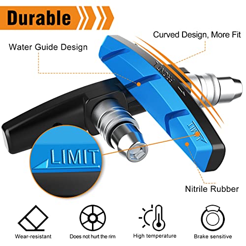 Alritz Bike Brake Pads Set, 6 Pcs Road Mountain Bicycle V-Brake Blocks Shoes With Hex Nut And Shims, No Noise No Skid, 70Mm, For Front And Back Wheel (Blue) #TOP2