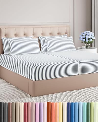 Image of Split King 7 Piece Bed Sheet Set - Breathable & Cooling - Blue Stripes | Ultra-Soft Hotel Luxury Bedding Set w / 8-16 Inch Deep Pockets, 1 Flat & 2 Fitted Sheet & 4 Pillowcases, Wrinkle & Fade Free