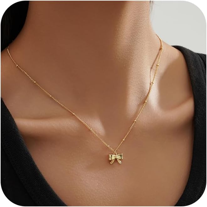 Necklace for Women Bow Necklace Cute Bow Pendant Chain Choker Dainty 14K Gold-Plated Gold Necklaces for Women Trendy Jewelry