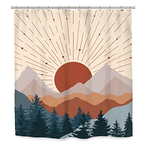 Ufeela Mid Century Boho Mountain Shower Curtain 60Wx72H Inch Abstract Sunset Misty Forest Modern Minimalist Spring For Bathroom Decor Sets Fabric Polyester Decorative Accessories With 12 Pack Hooks #TOP1